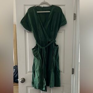 100% Linen Elegant Green Wrap Dress